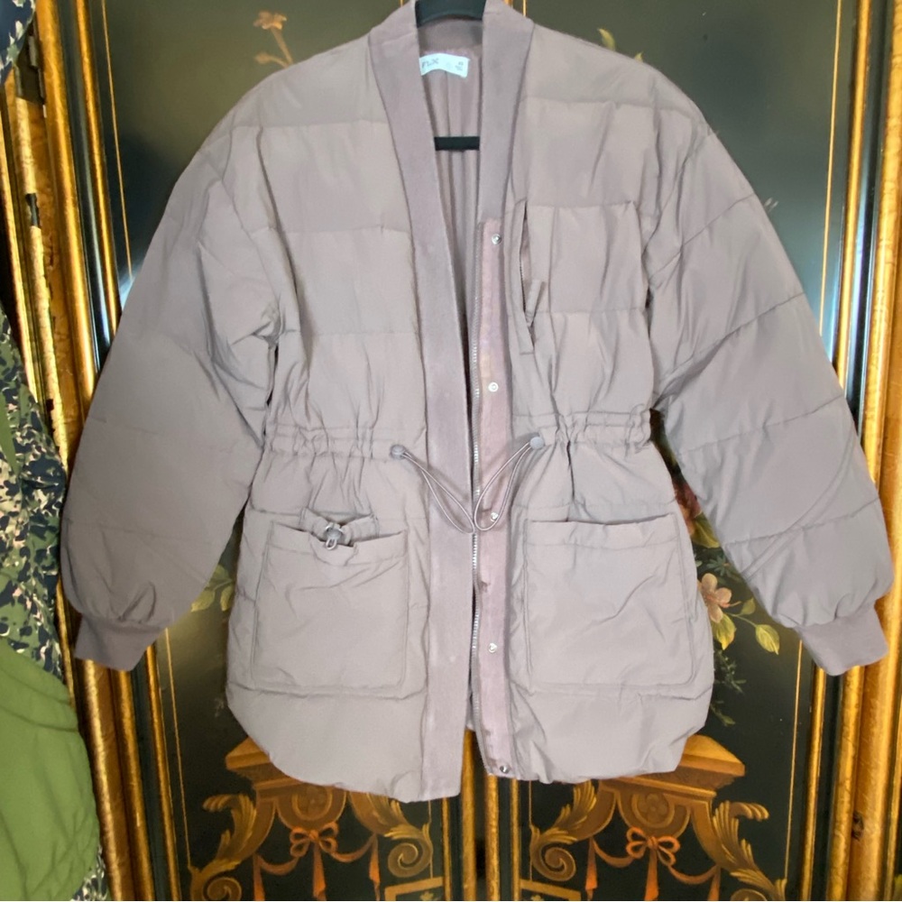 Womens Quilted Drawstring Waist Jacket - Taupe